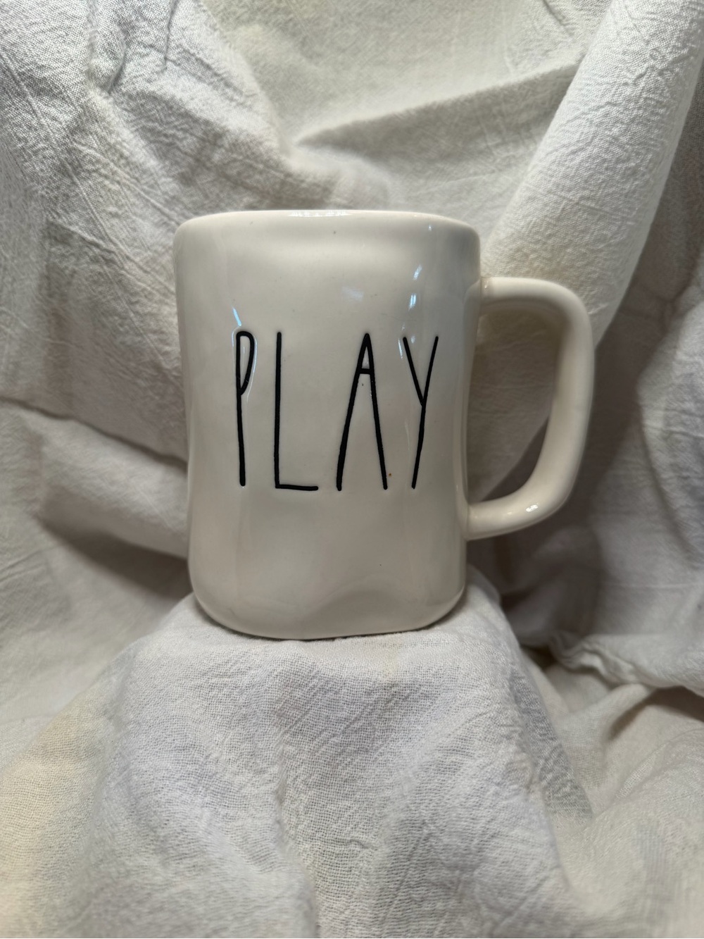 Rae Dunn White Mug with Black "PLAY" Lettering